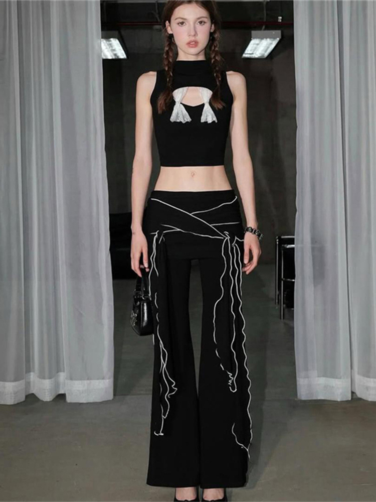 Sweet and Spicy Patchwork Lace Hollow Sleeveless Top with Strap and Slim Fit Flared Pants Two-Piece Set for Trendy Women Sweet and Spicy Patchwork Lace Hollow Sleeveless Top with Strap and Slim Fit Flared Pants Two-Piece Set for Trendy Women