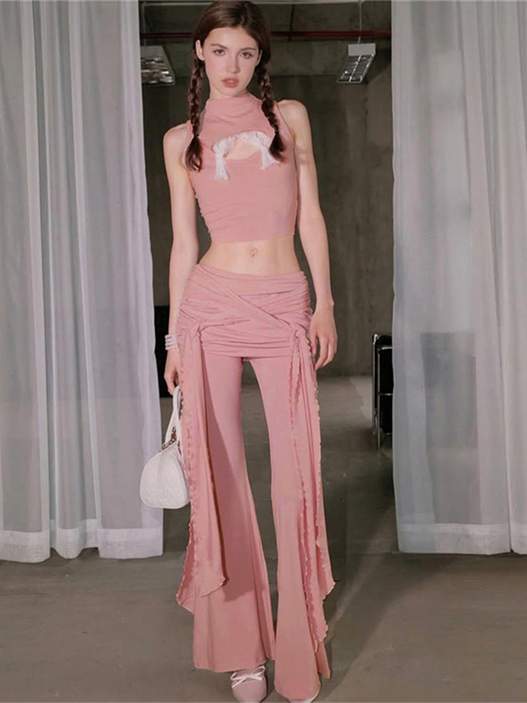 Sweet and Spicy Patchwork Lace Hollow Sleeveless Top with Strap and Slim Fit Flared Pants Two-Piece Set for Trendy Women Sweet and Spicy Patchwork Lace Hollow Sleeveless Top with Strap and Slim Fit Flared Pants Two-Piece Set for Trendy Women