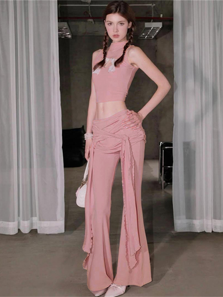 Sweet and Spicy Patchwork Lace Hollow Sleeveless Top with Strap and Slim Fit Flared Pants Two-Piece Set for Trendy Women Sweet and Spicy Patchwork Lace Hollow Sleeveless Top with Strap and Slim Fit Flared Pants Two-Piece Set for Trendy Women