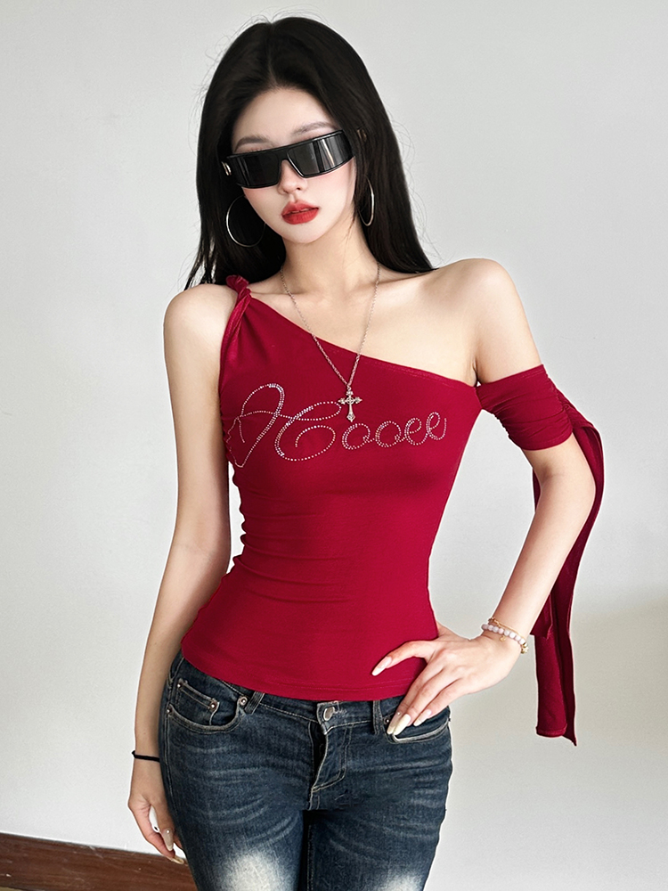Sweet and Spicy Rhinestone Ribbon Asymmetrical Off-Shoulder Tank Top for Women - Summer Versatile Eccentric Style