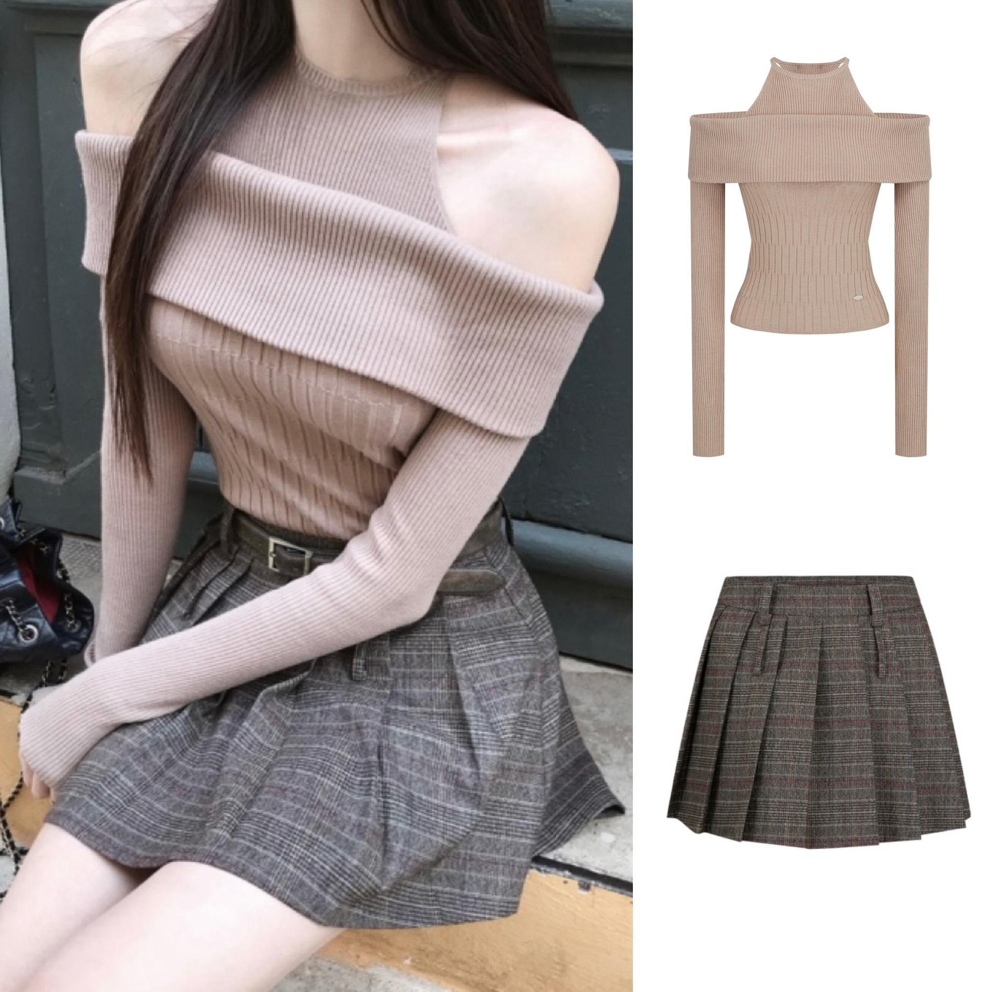 Sweet and Spicy Style Halter Neck Off-Shoulder Solid Color Fitted Knit Top and Skirt Set - Korean Style Fashion
