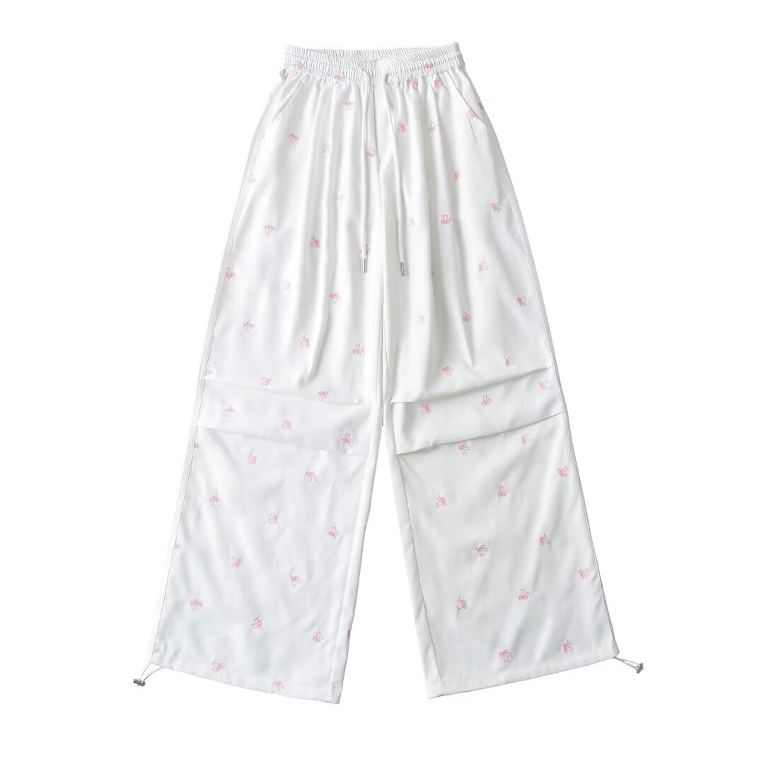 Sweet and Spicy Wide-Leg Pants for Women - American Style Summer Casual Drawstring Pleated Bow Embroidery Long Trousers