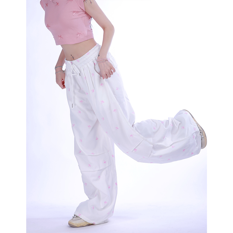 Sweet and Spicy Wide-Leg Pants for Women - American Style Summer Casual Drawstring Pleated Bow Embroidery Long Trousers