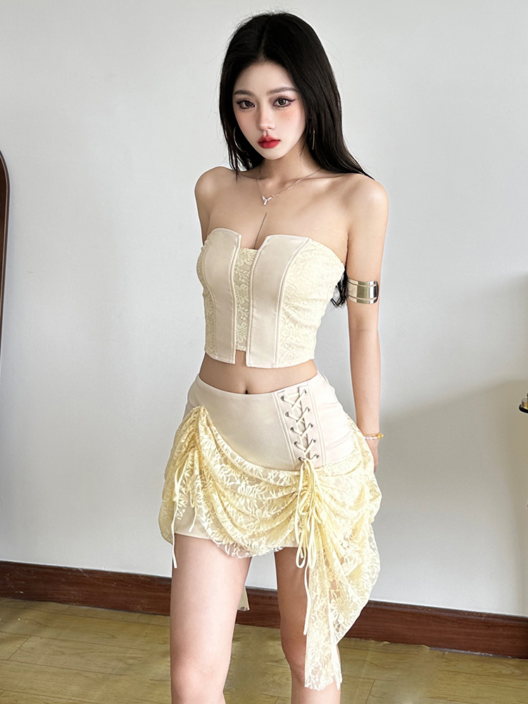 Sweet Apricot Lace Spliced Strapless Top & Tie Design Half Skirt Two-Piece Set - Eccentric Girl Y2K Style for Women