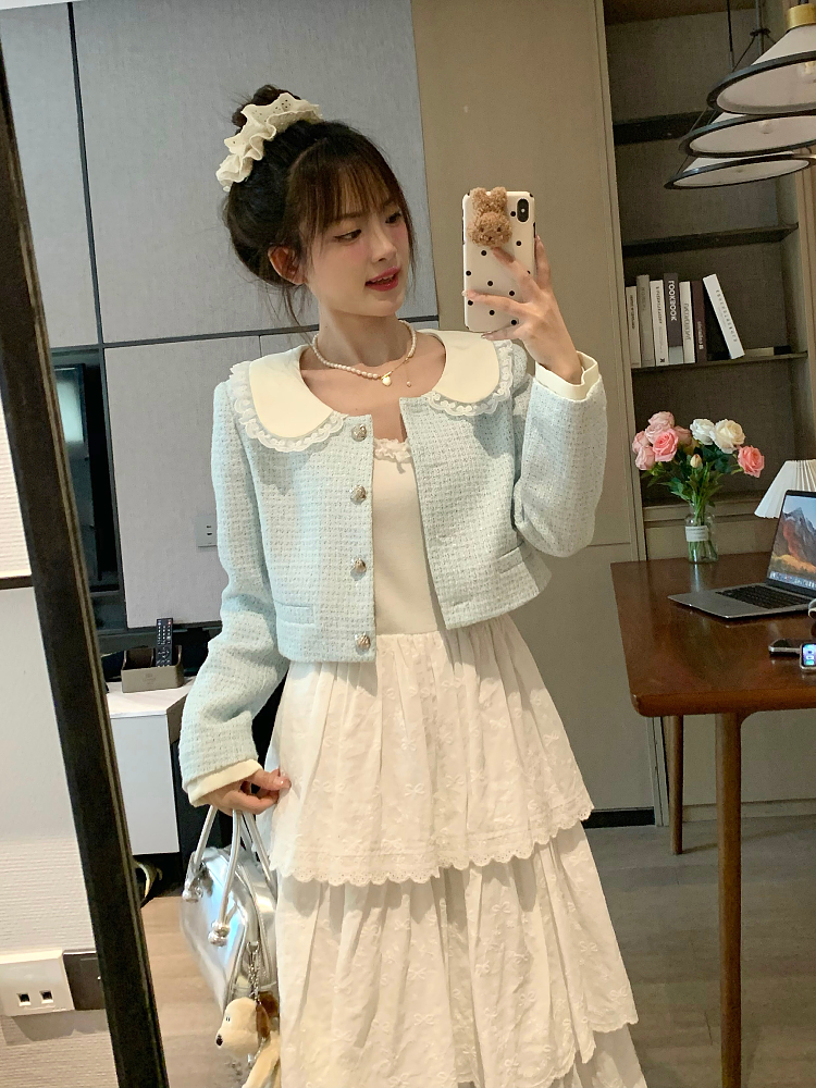 Sweet Blue Doll Collar Jacket Top for Women - Slim Fit Unique Spring Style Inspired by Chanel Sweet Blue Doll Collar Jacket Top for Women - Slim Fit Unique Spring Style Inspired by Chanel