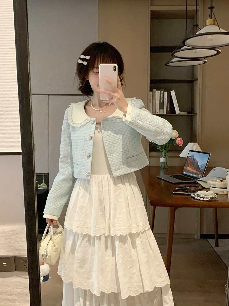 Sweet Blue Doll Collar Jacket Top for Women - Slim Fit Unique Spring Style Inspired by Chanel Sweet Blue Doll Collar Jacket Top for Women - Slim Fit Unique Spring Style Inspired by Chanel