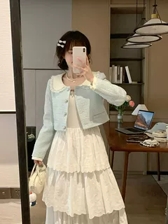 Sweet Blue Doll Collar Jacket Top for Women - Slim Fit Unique Spring Style Inspired by Chanel