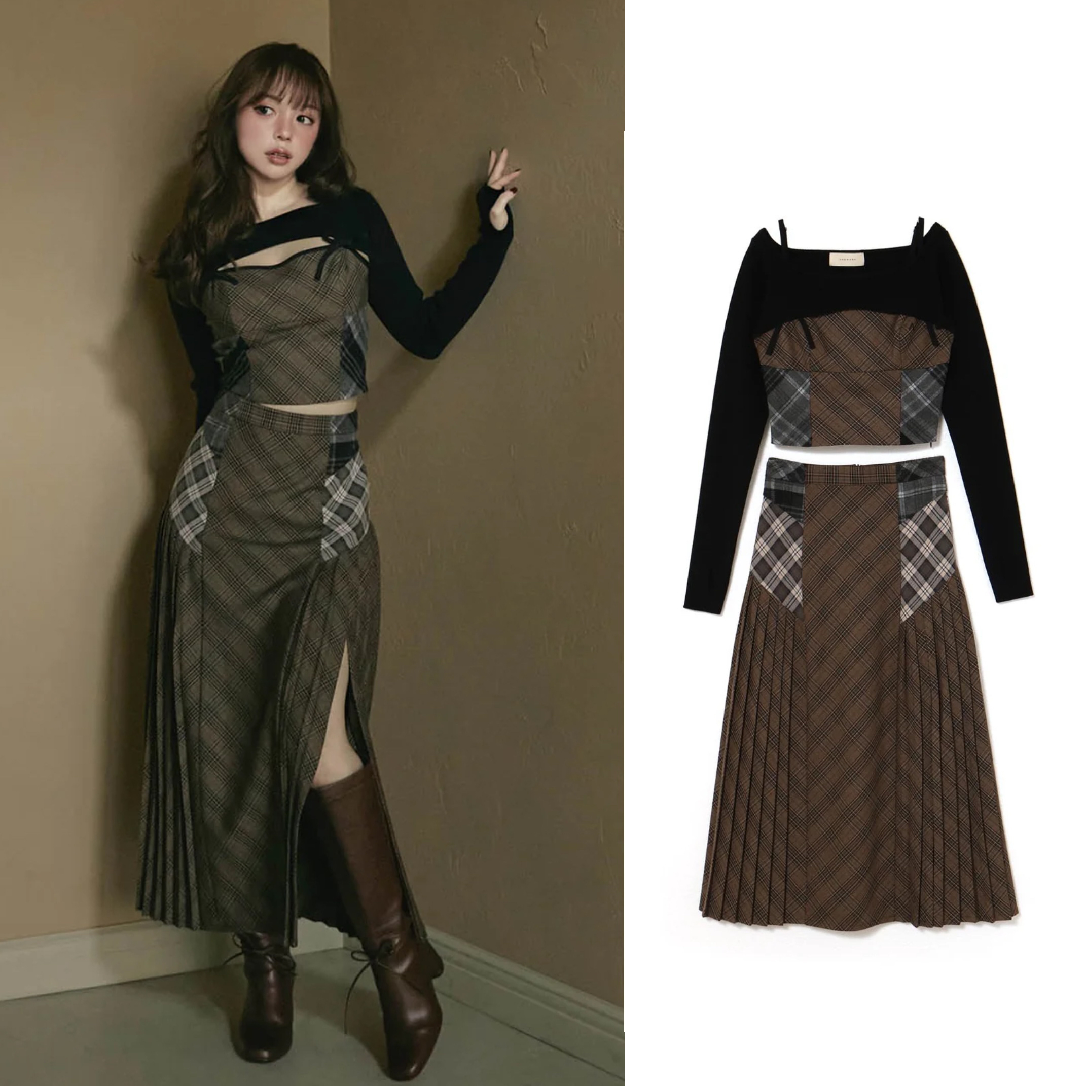 Sweet Checkered Spaghetti Strap Patchwork Skirt Set for Women - Early Spring 2025 Fashion, Y2K Inspired