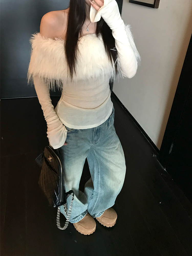 Sweet Desire Vortex One-Shoulder Long Sleeve T-Shirt with Fur Collar, 100% Merino Wool Hot Girl Top, 90s Inspired Fashion Sweet Desire Vortex One-Shoulder Long Sleeve T-Shirt with Fur Collar, 100% Merino Wool Hot Girl Top, 90s Inspired Fashion