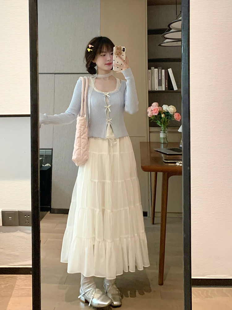 Sweet End Spring Fake Two-Piece Bow Detail Blue Knitted T-Shirt for Women - Unique Sexy Gentle Style Sweet End Spring Fake Two-Piece Bow Detail Blue Knitted T-Shirt for Women - Unique Sexy Gentle Style