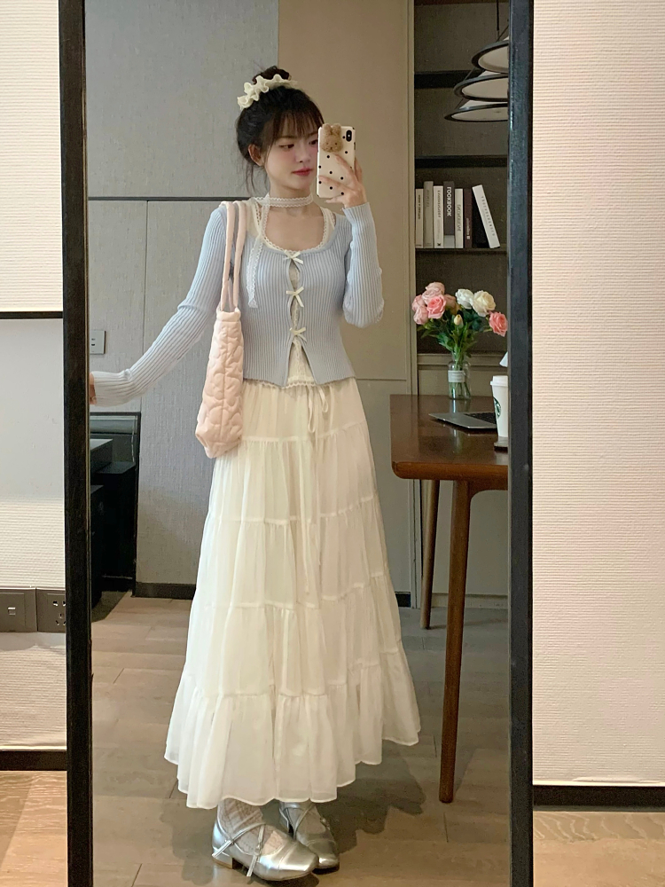 Sweet End Spring Fake Two-Piece Bow Detail Blue Knitted T-Shirt for Women - Unique Sexy Gentle Style Sweet End Spring Fake Two-Piece Bow Detail Blue Knitted T-Shirt for Women - Unique Sexy Gentle Style