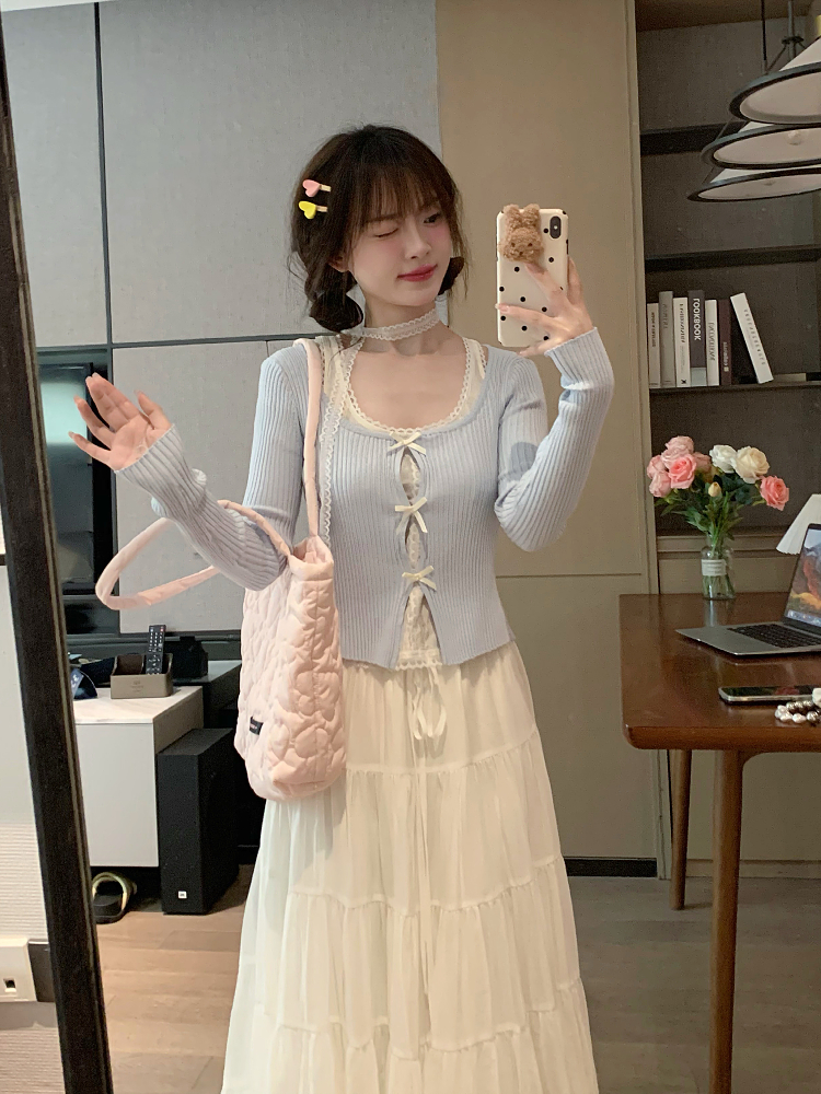 Sweet End Spring Fake Two-Piece Bow Detail Blue Knitted T-Shirt for Women - Unique Sexy Gentle Style