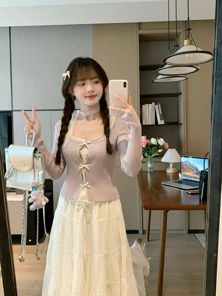 Sweet End Spring Fake Two-Piece Bow Detail Blue Knitted T-Shirt for Women - Unique Sexy Gentle Style Sweet End Spring Fake Two-Piece Bow Detail Blue Knitted T-Shirt for Women - Unique Sexy Gentle Style