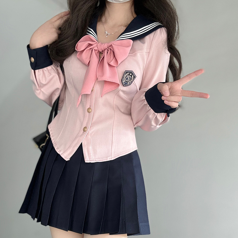 Sweet Japanese JK Uniform Short Jacket with Navy Collar and Bow - Women's College Style 2025, Cute Kawaii Fashion