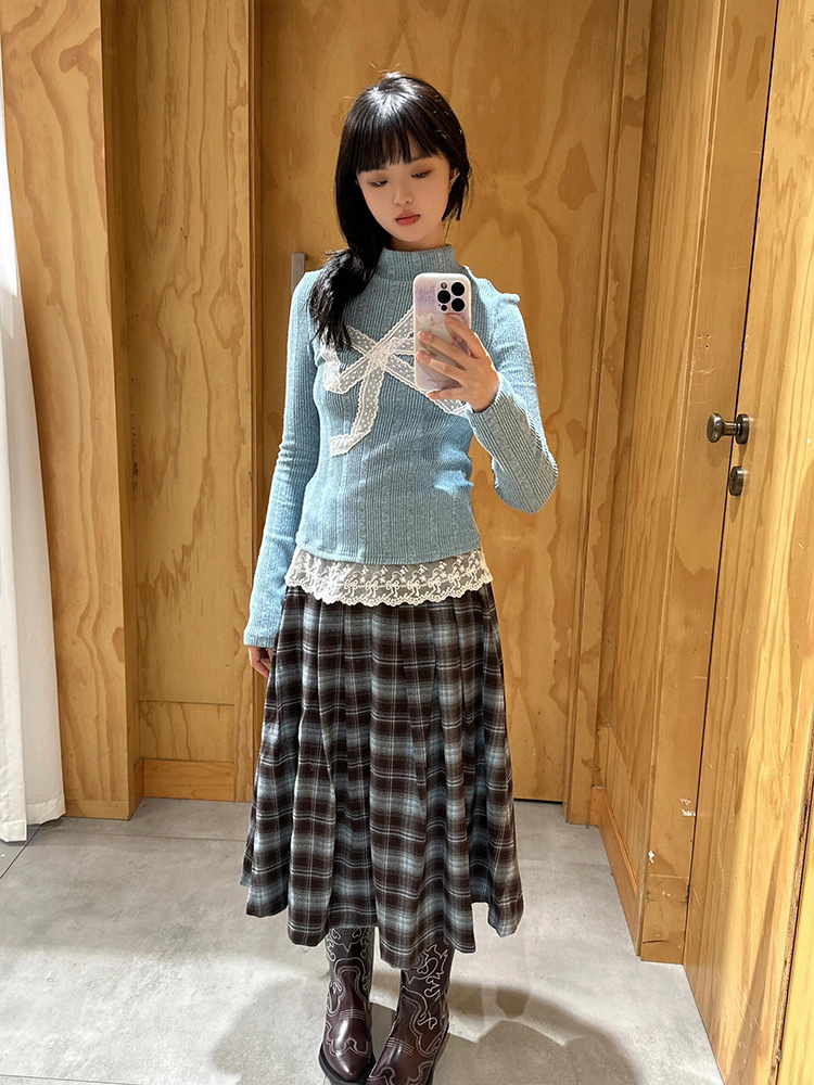 Sweet Lace Bow Long Sleeve Knitted Top for Women - Eccentric Slim Fit Casual Autumn Style Sweet Lace Bow Long Sleeve Knitted Top for Women - Eccentric Slim Fit Casual Autumn Style