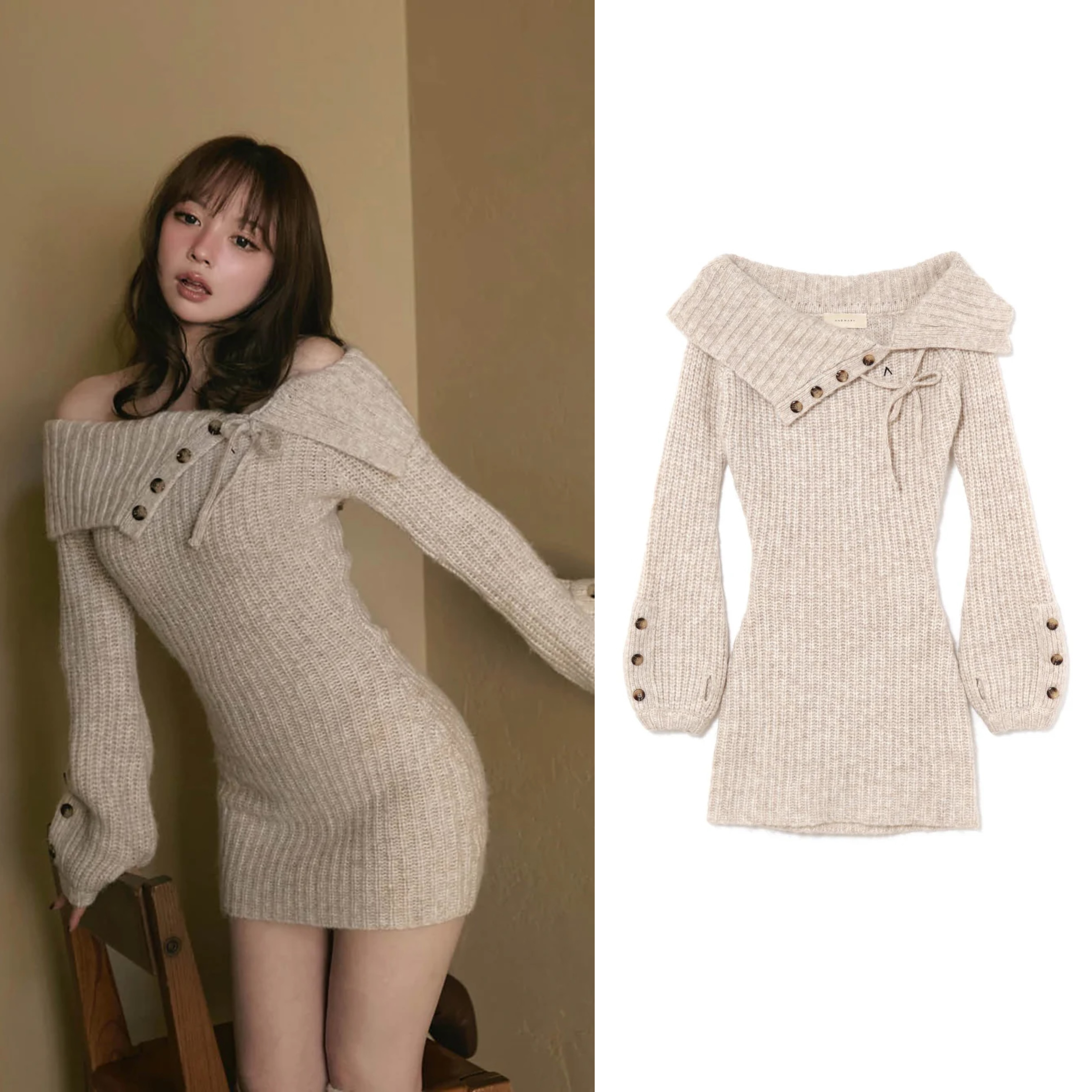 Sweet One-Shoulder Lapel Knitted Dress - Early Spring Matching Short Skirt, Trendy 90s Inspired Style