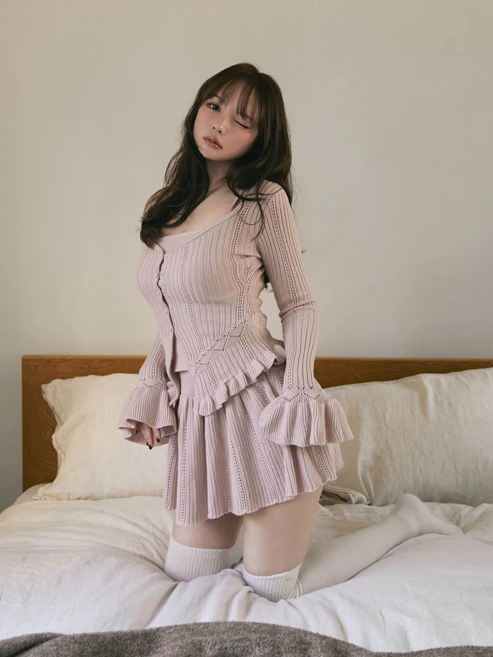 Sweet Ruffled Edge Knitted Long Sleeve A-Line Skirt Set - Spring 2025 Niche Design, Trendy Women's Fashion, Stylish Spring Outfit Sweet Ruffled Edge Knitted Long Sleeve A-Line Skirt Set - Spring 2025 Niche Design, Trendy Women's Fashion, Stylish Spring Outfit