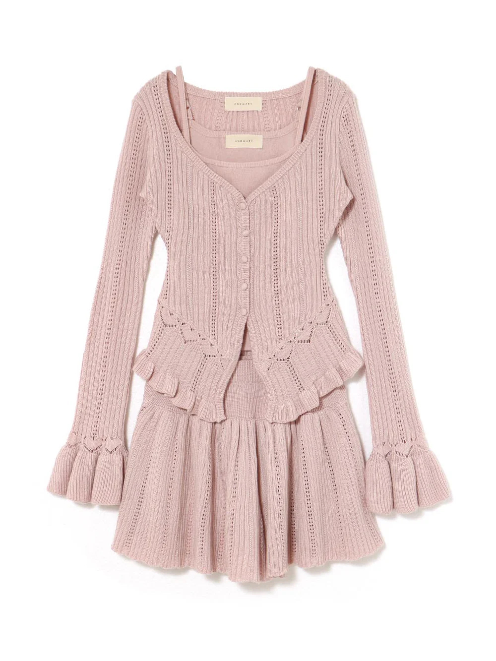 Sweet Ruffled Edge Knitted Long Sleeve A-Line Skirt Set - Spring 2025 Niche Design, Trendy Women's Fashion, Stylish Spring Outfit