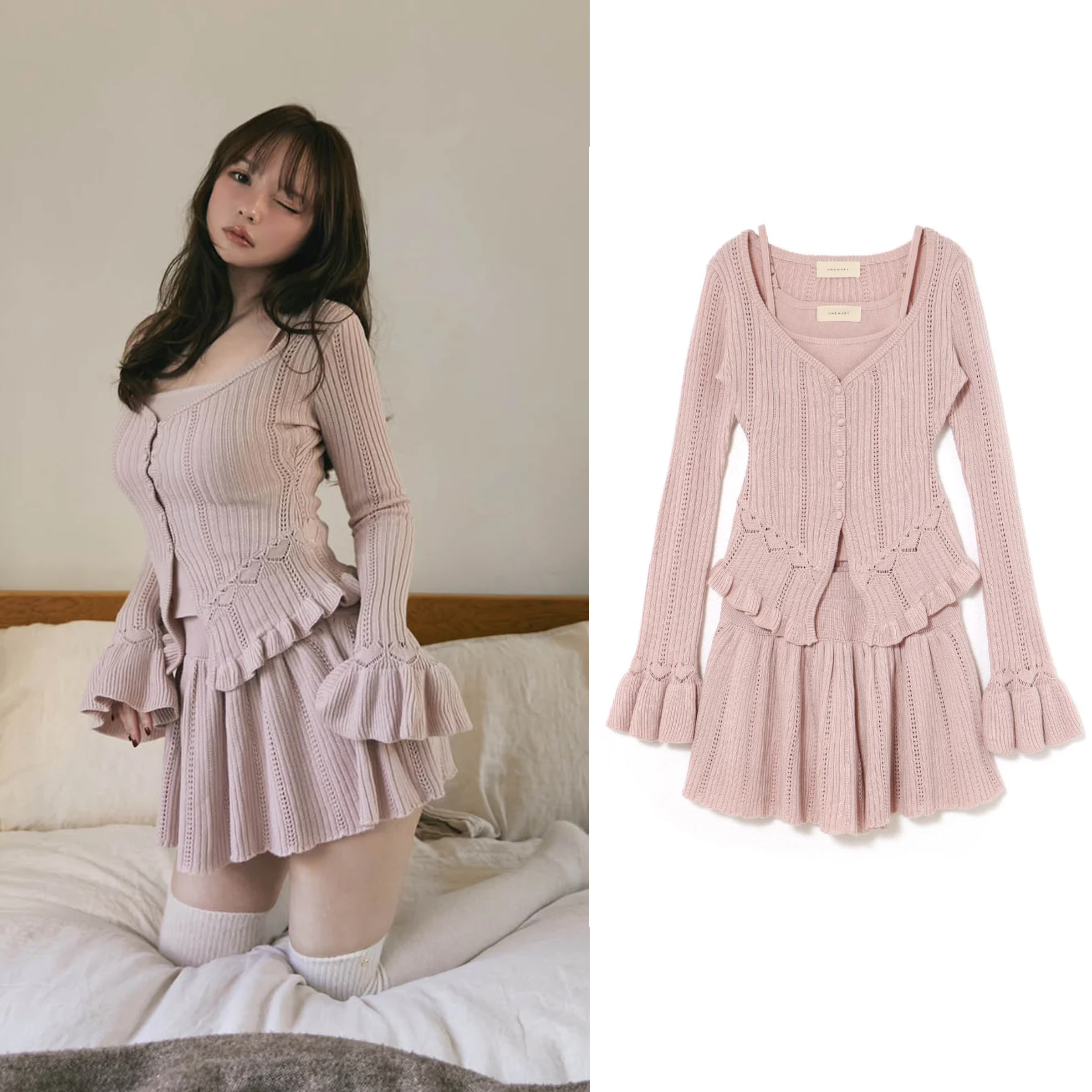 Sweet Ruffled Edge Knitted Long Sleeve A-Line Skirt Set - Spring 2025 Niche Design, Trendy Women's Fashion, Stylish Spring Outfit