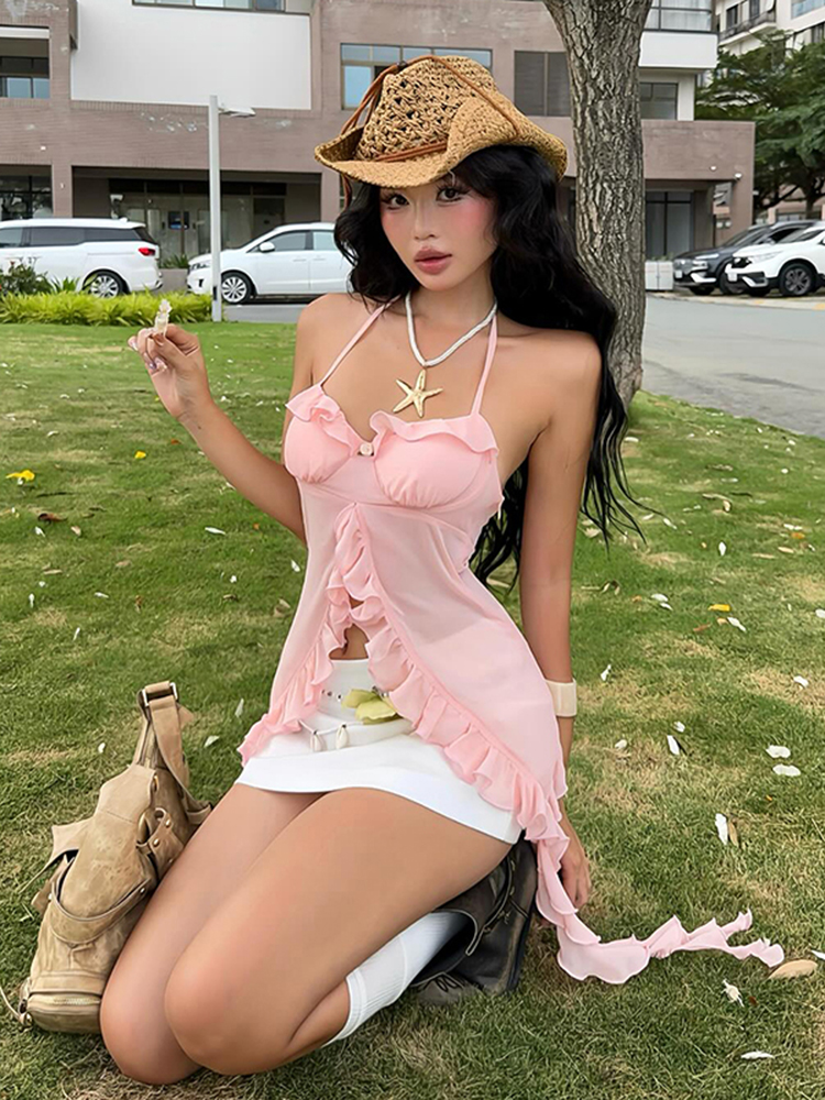 Sweet Spicy Sexy Mesh Ruffled Halter Neck Tank Top for Women - Backless Slim Fit Irregular Short Style, Perfect for Y2K and Summer Fashion