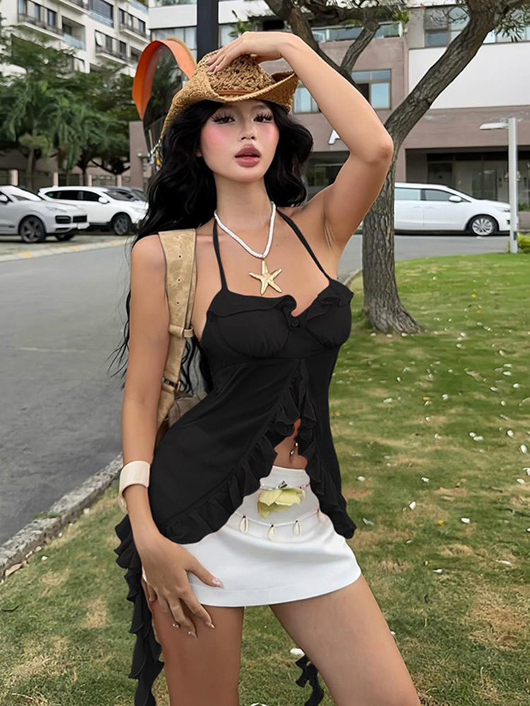 Sweet Spicy Sexy Mesh Ruffled Halter Neck Tank Top for Women - Backless Slim Fit Irregular Short Style, Perfect for Y2K and Summer Fashion Sweet Spicy Sexy Mesh Ruffled Halter Neck Tank Top for Women - Backless Slim Fit Irregular Short Style, Perfect for Y2K and Summer Fashion