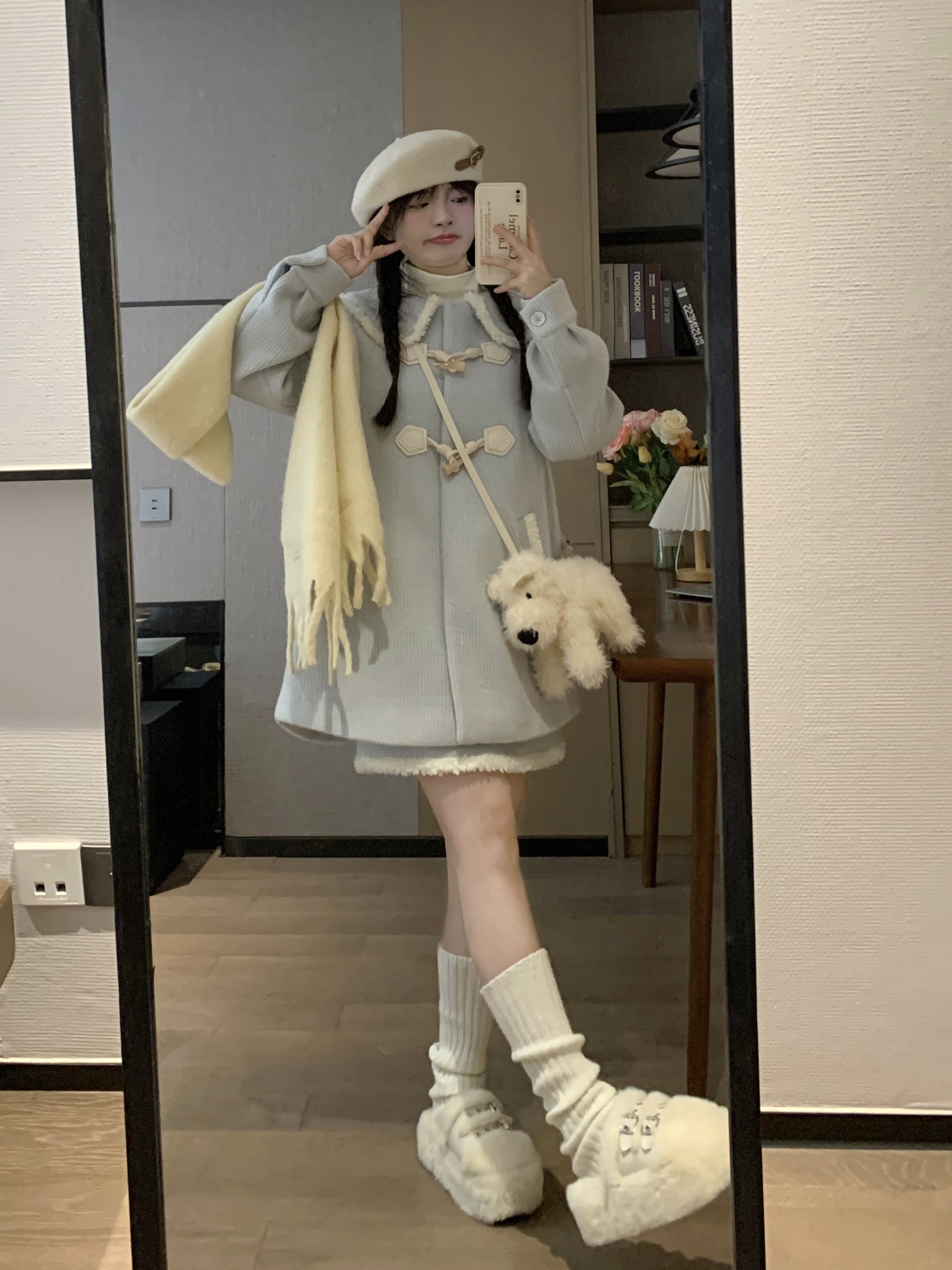Sweet Spring Korean Style Girl's Blue Cape Coat and Short Set - Thick Woolen Outerwear for Women