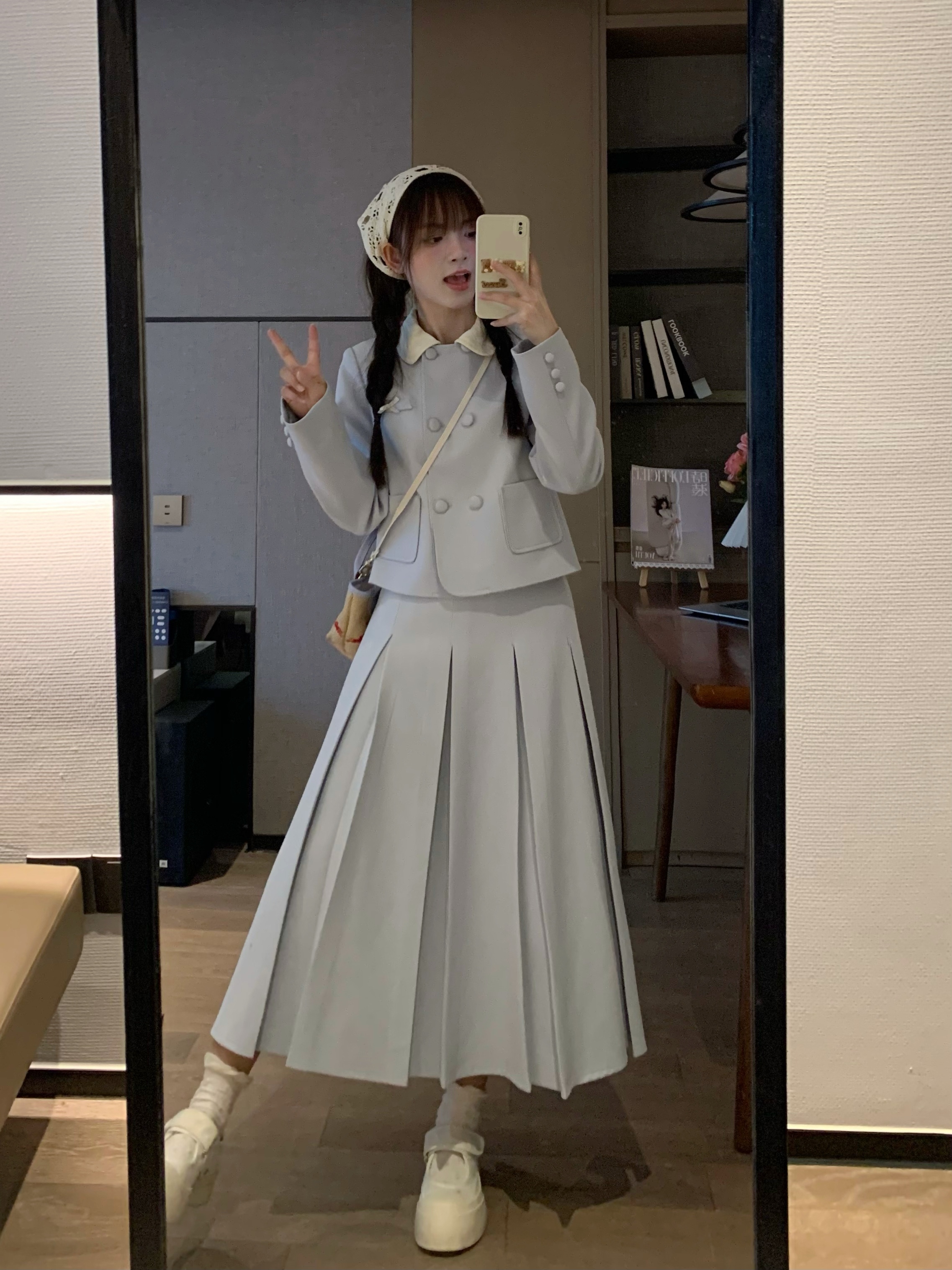 Sweet Spring Two-Color Oversized Blazer & Long Skirt Set | Trendy Women's Fashion Jacket | Stylish Milk Flavor Blue Look