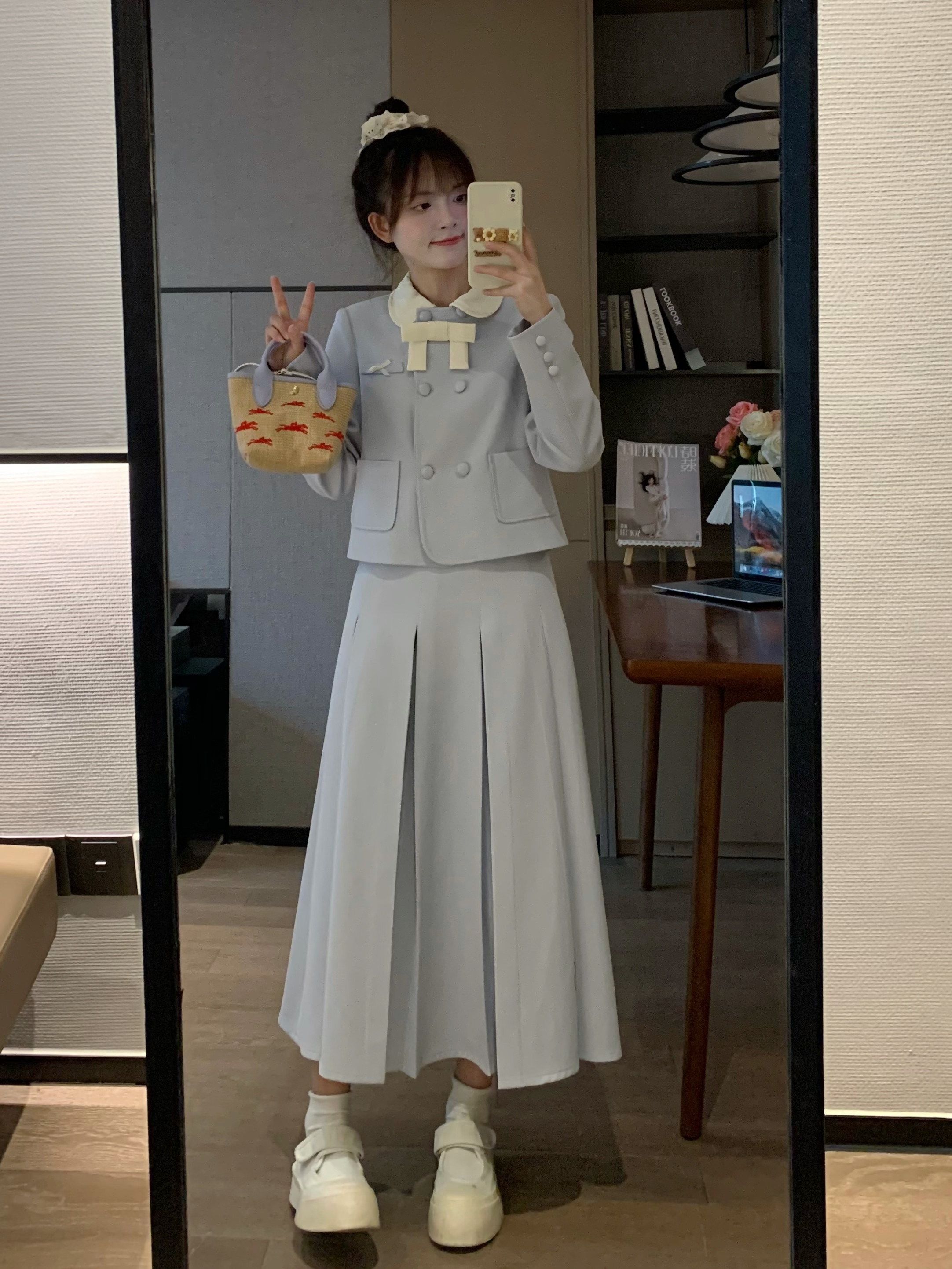 Sweet Spring Two-Color Oversized Blazer & Long Skirt Set | Trendy Women's Fashion Jacket | Stylish Milk Flavor Blue Look