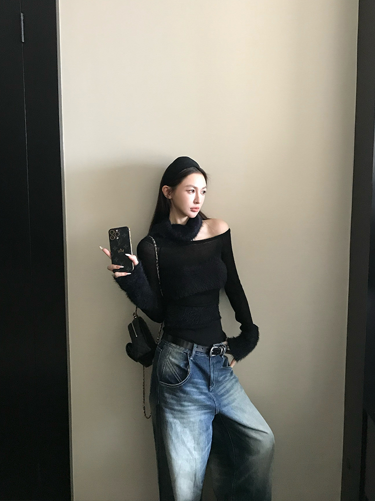 Sweetheart Off-Shoulder Sheer Spliced Knit Top for Women - Chic Layering Piece, Perfect for Casual and Y2K Style Outfits Sweetheart Off-Shoulder Sheer Spliced Knit Top for Women - Chic Layering Piece, Perfect for Casual and Y2K Style Outfits