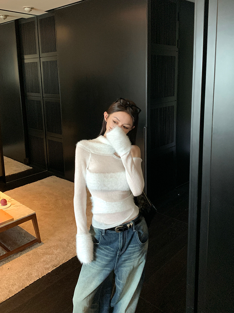 Sweetheart Off-Shoulder Sheer Spliced Knit Top for Women - Chic Layering Piece, Perfect for Casual and Y2K Style Outfits Sweetheart Off-Shoulder Sheer Spliced Knit Top for Women - Chic Layering Piece, Perfect for Casual and Y2K Style Outfits