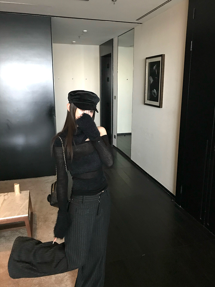 Sweetheart Off-Shoulder Sheer Spliced Knit Top for Women - Chic Layering Piece, Perfect for Casual and Y2K Style Outfits