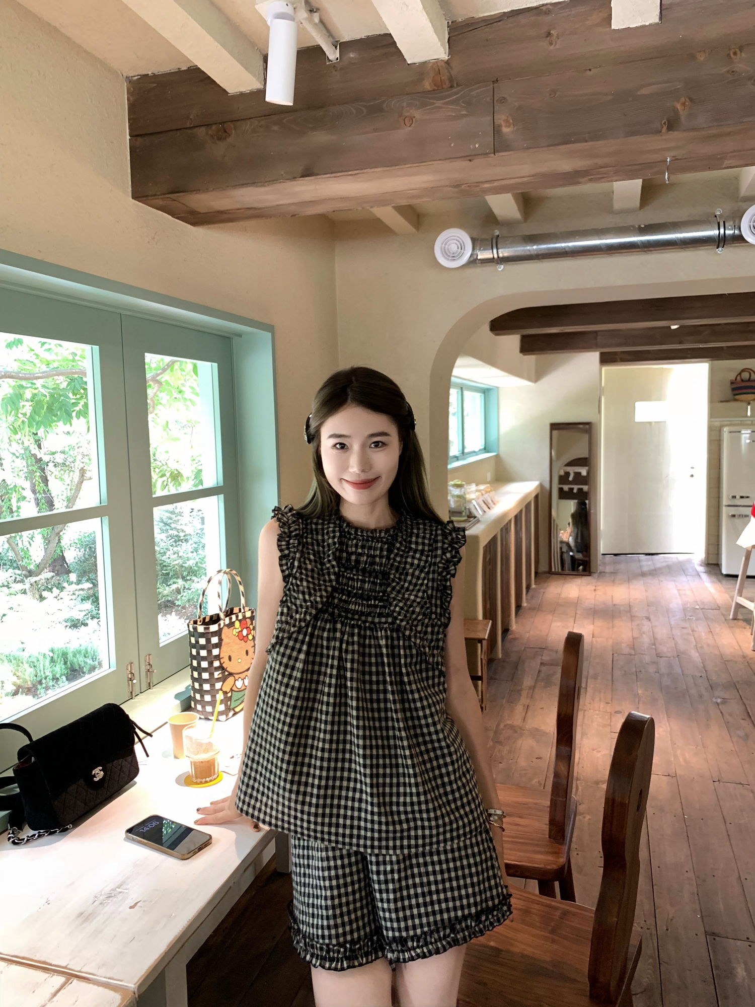 Sweetheart Rococo Sleeveless Top with Ear Edge & Plaid Shorts Set - Cute 90s Inspired Fashion Ensemble Sweetheart Rococo Sleeveless Top with Ear Edge & Plaid Shorts Set - Cute 90s Inspired Fashion Ensemble