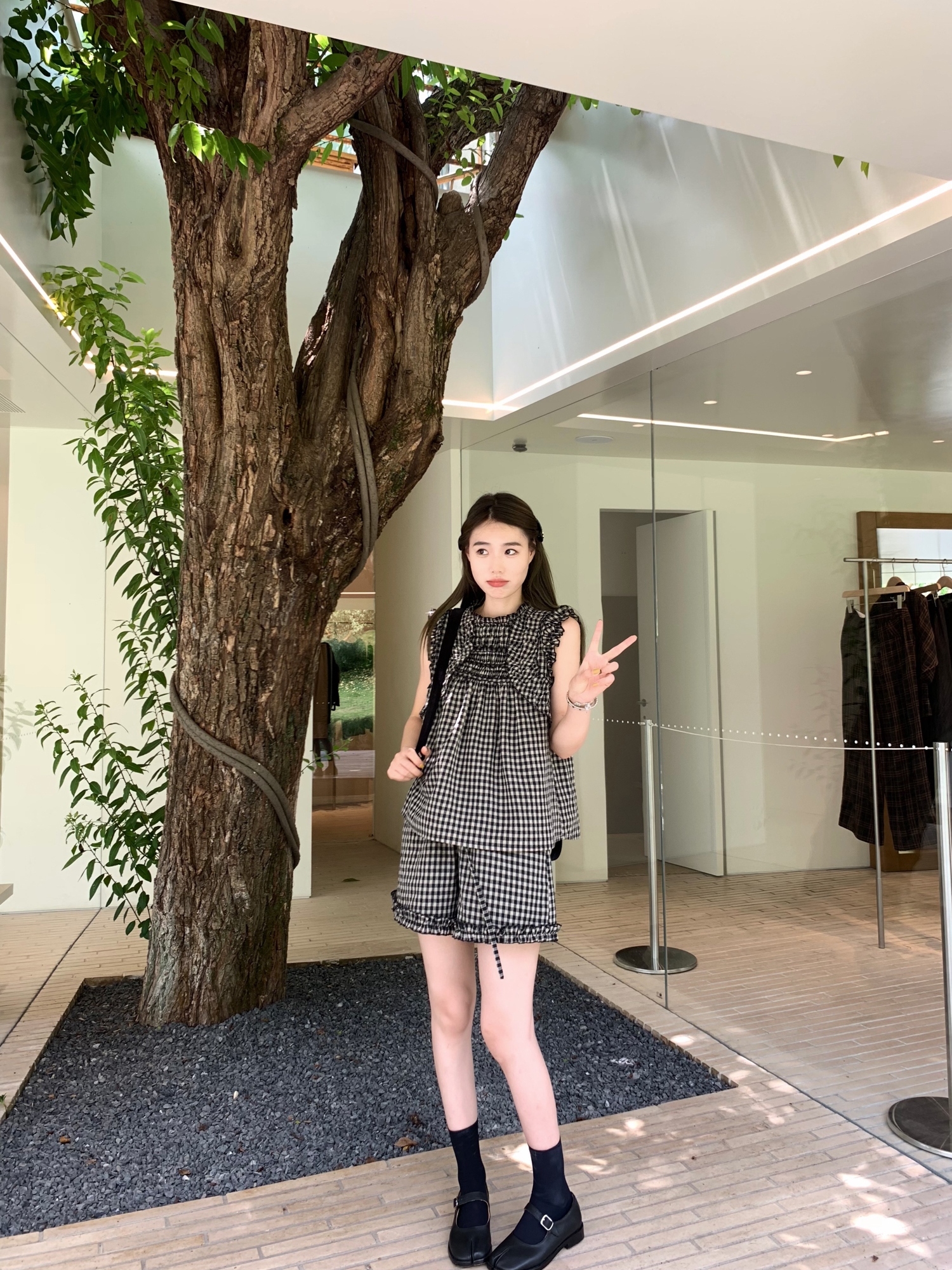 Sweetheart Rococo Sleeveless Top with Ear Edge & Plaid Shorts Set - Cute 90s Inspired Fashion Ensemble Sweetheart Rococo Sleeveless Top with Ear Edge & Plaid Shorts Set - Cute 90s Inspired Fashion Ensemble