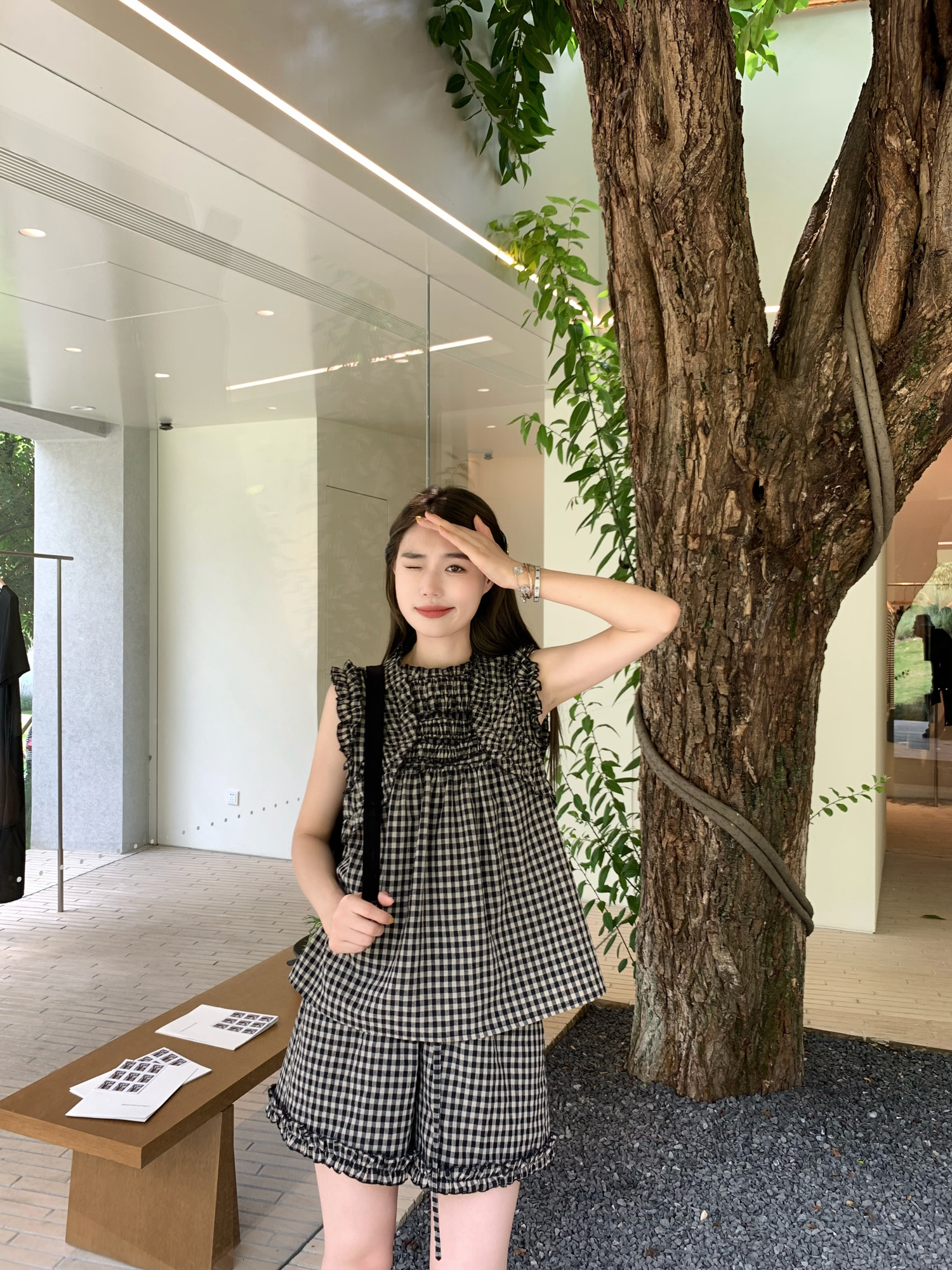 Sweetheart Rococo Sleeveless Top with Ear Edge & Plaid Shorts Set - Cute 90s Inspired Fashion Ensemble Sweetheart Rococo Sleeveless Top with Ear Edge & Plaid Shorts Set - Cute 90s Inspired Fashion Ensemble