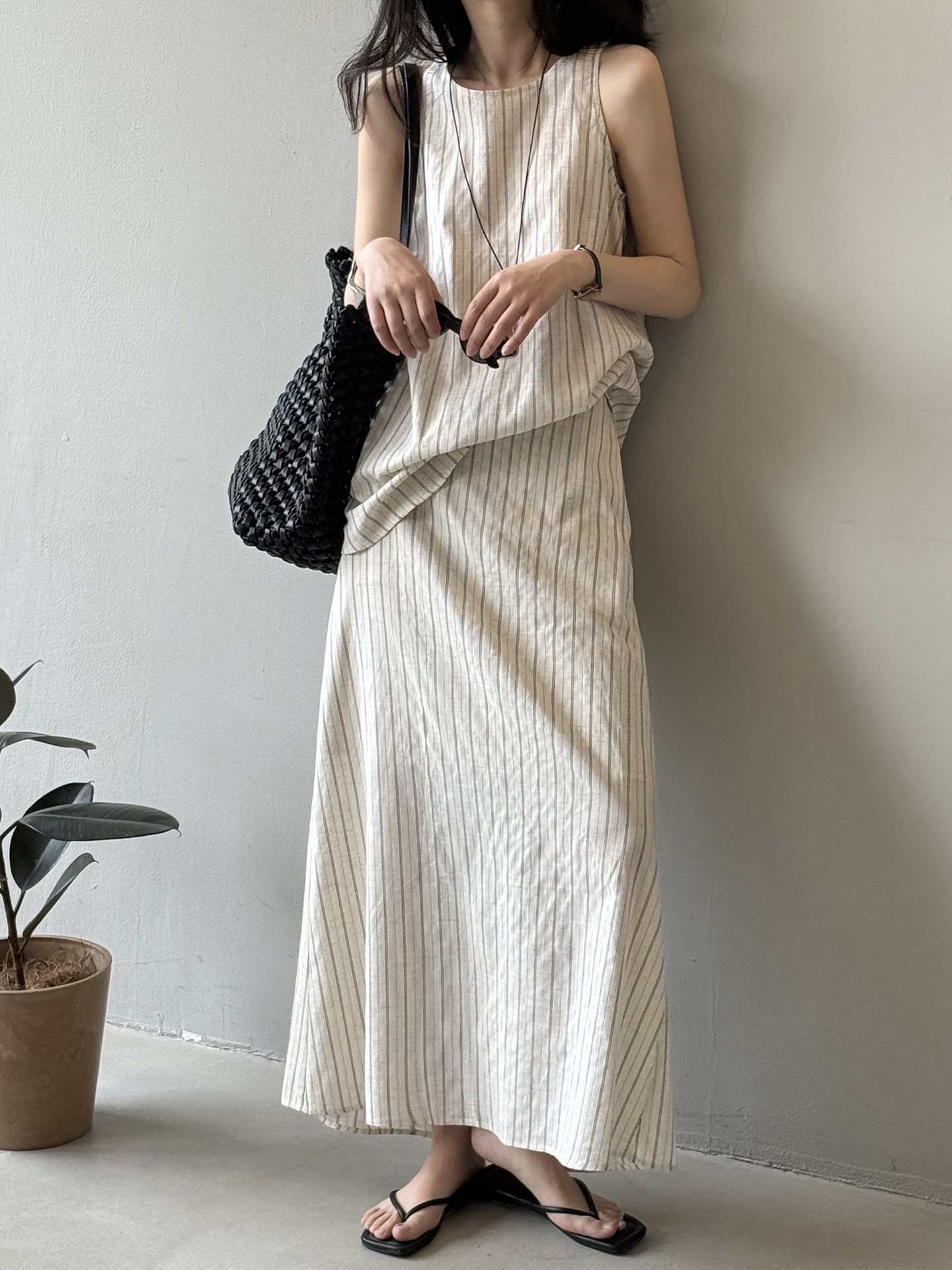 Tencel Linen Striped Vest Shirt and Skirt Two-Piece Set - High-End Summer 2025 Outfit for Effortless Style