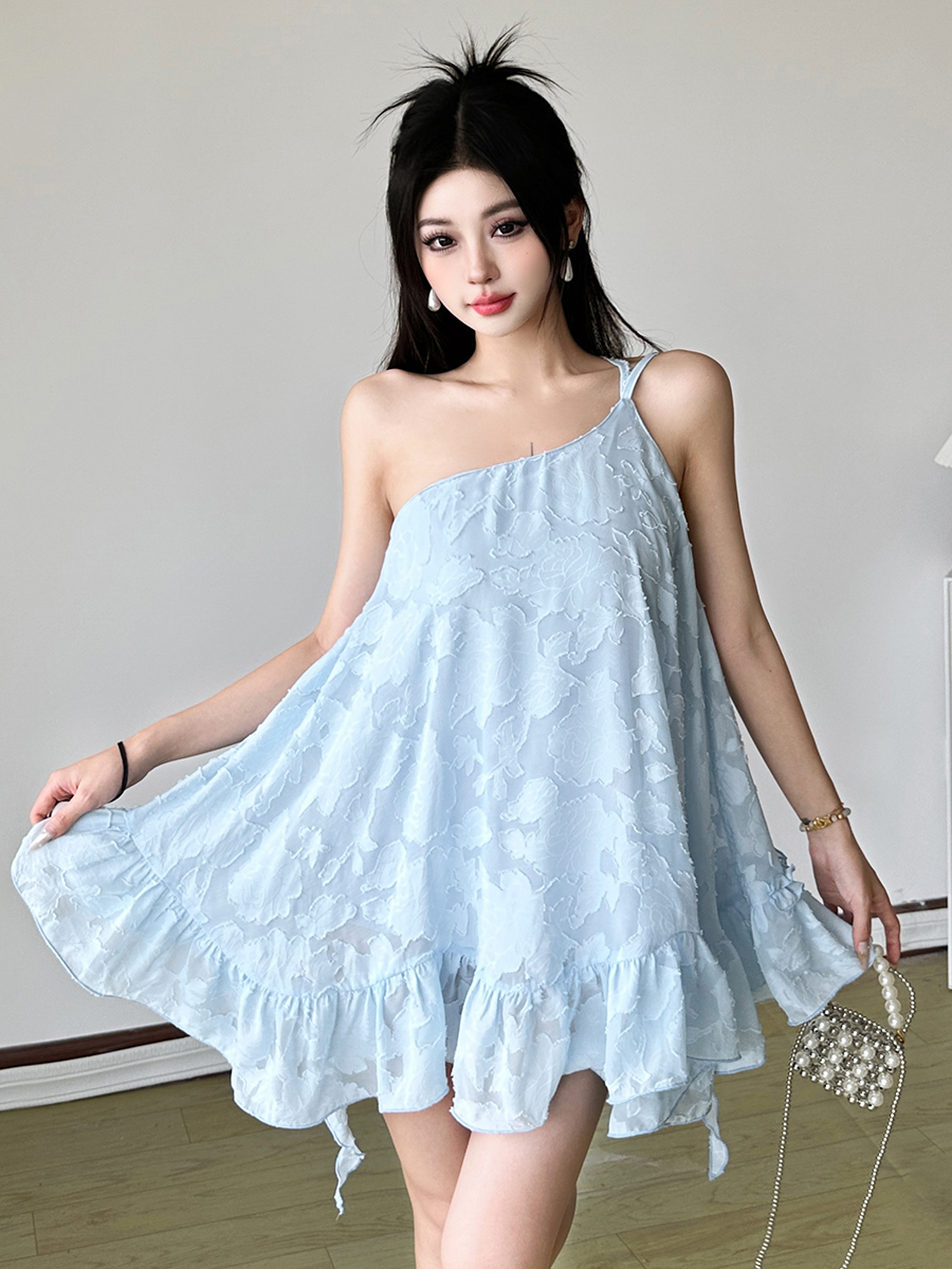 Textured Jacquard Asymmetrical Shoulder Strap Dress for Women â€“ Loose Fit Puffed Short Skirt, Sweet Vacation Style, Trendy 90s Look