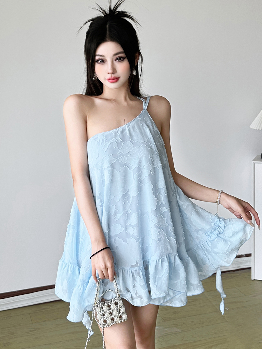 Textured Jacquard Asymmetrical Shoulder Strap Dress for Women â€“ Loose Fit Puffed Short Skirt, Sweet Vacation Style, Trendy 90s Look