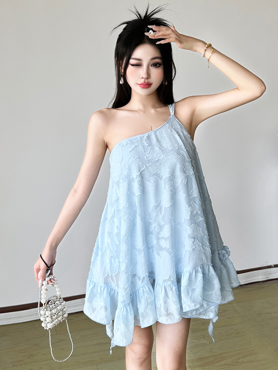 Textured Jacquard Asymmetrical Shoulder Strap Dress for Women – Loose Fit Puffed Short Skirt, Sweet Vacation Style, Trendy 90s Look Textured Jacquard Asymmetrical Shoulder Strap Dress for Women – Loose Fit Puffed Short Skirt, Sweet Vacation Style, Trendy 90s Look