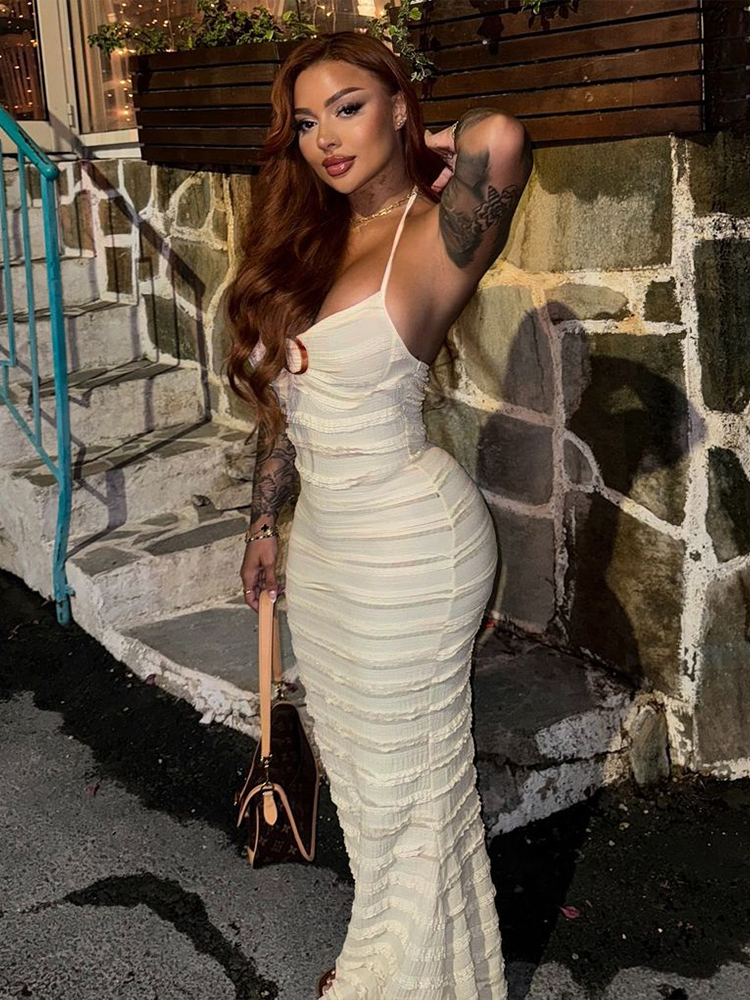 Textured Tie Neck Dress for Women - Slim Fit Beach Long Dress in Bali Vacation Style, Perfect for Summer & Resort Wear Textured Tie Neck Dress for Women - Slim Fit Beach Long Dress in Bali Vacation Style, Perfect for Summer & Resort Wear