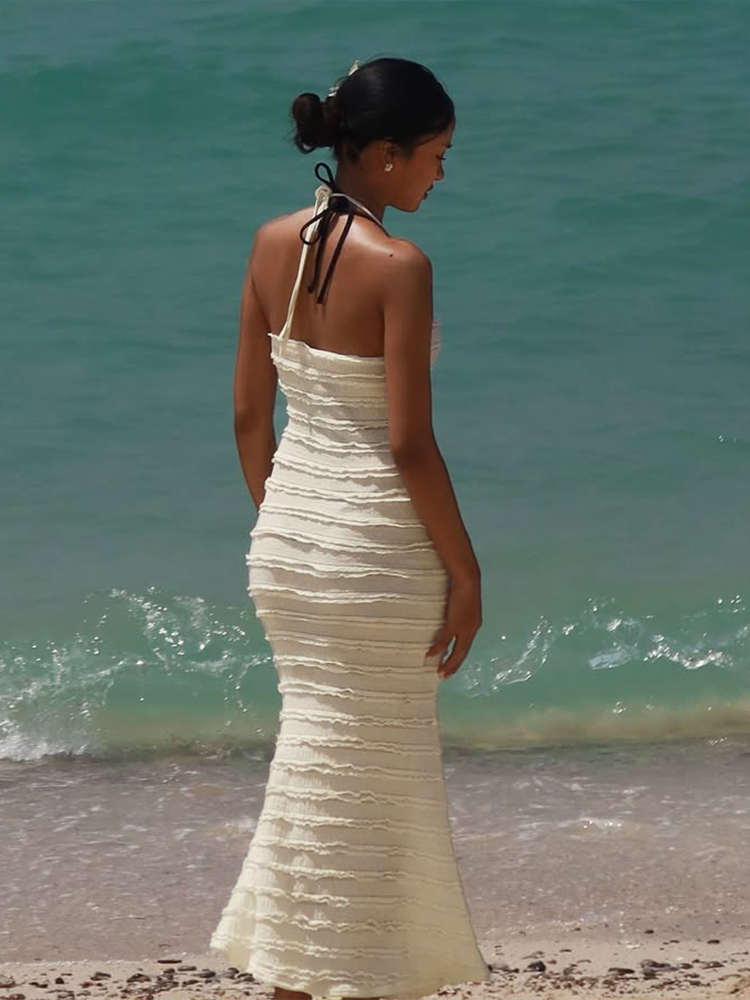 Textured Tie Neck Dress for Women - Slim Fit Beach Long Dress in Bali Vacation Style, Perfect for Summer & Resort Wear Textured Tie Neck Dress for Women - Slim Fit Beach Long Dress in Bali Vacation Style, Perfect for Summer & Resort Wear