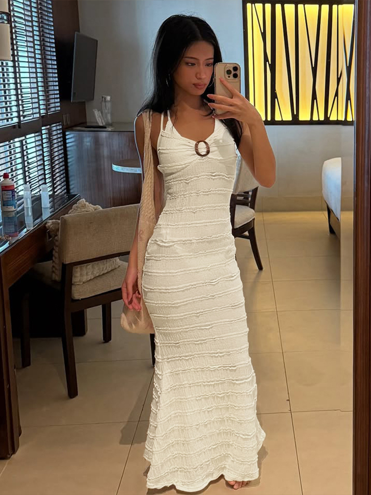 Textured Tie Neck Dress for Women - Slim Fit Beach Long Dress in Bali Vacation Style, Perfect for Summer & Resort Wear Textured Tie Neck Dress for Women - Slim Fit Beach Long Dress in Bali Vacation Style, Perfect for Summer & Resort Wear