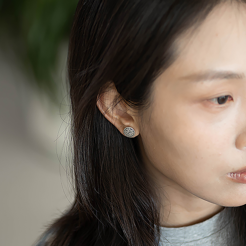 Thai Silver S925 Handmade Matte Unisex Couple Earrings with Auspicious Cloud Vintage Design