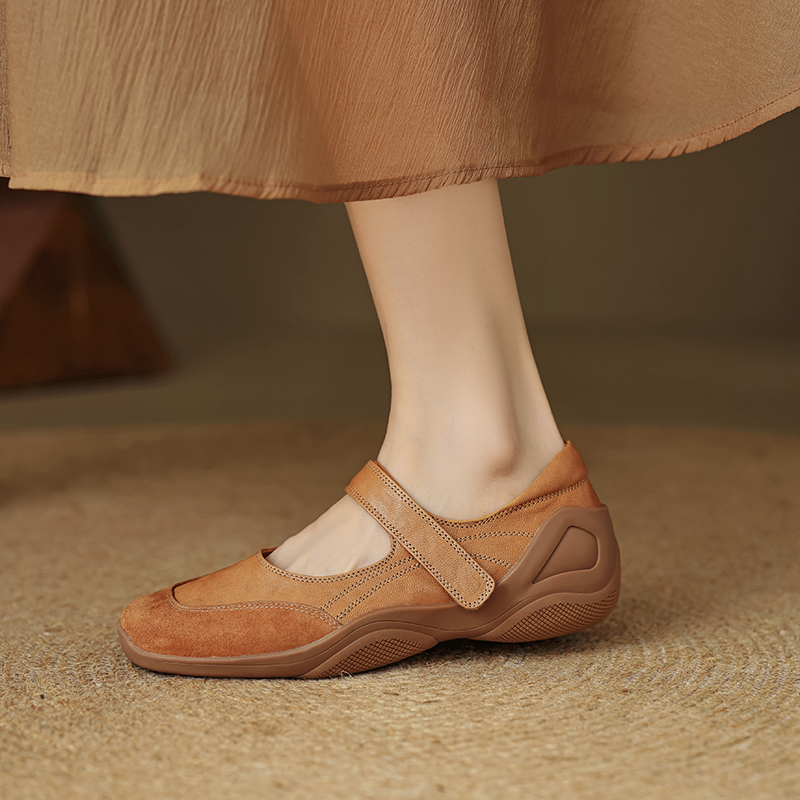 Thick-Soled Casual Velcro Mary Jane Shoes for Women - Genuine Leather Spring Autumn 2025 Flat High Heels