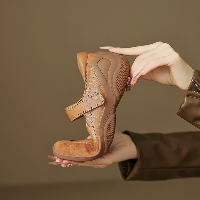 Thick-Soled Casual Velcro Mary Jane Shoes for Women - Genuine Leather Spring Autumn 2025 Flat High Heels Thick-Soled Casual Velcro Mary Jane Shoes for Women - Genuine Leather Spring Autumn 2025 Flat High Heels