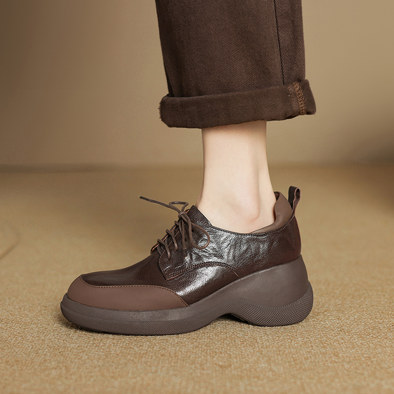 Thick-Soled Genuine Leather Lace-Up Loafers for Women - British Style Chunky Heel Height-Increasing Wedge Shoes Thick-Soled Genuine Leather Lace-Up Loafers for Women - British Style Chunky Heel Height-Increasing Wedge Shoes