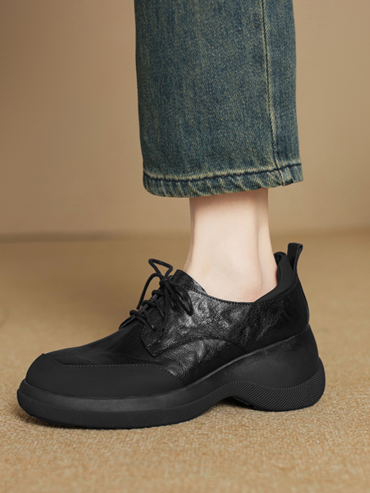 Thick-Soled Genuine Leather Lace-Up Loafers for Women - British Style Chunky Heel Height-Increasing Wedge Shoes Thick-Soled Genuine Leather Lace-Up Loafers for Women - British Style Chunky Heel Height-Increasing Wedge Shoes