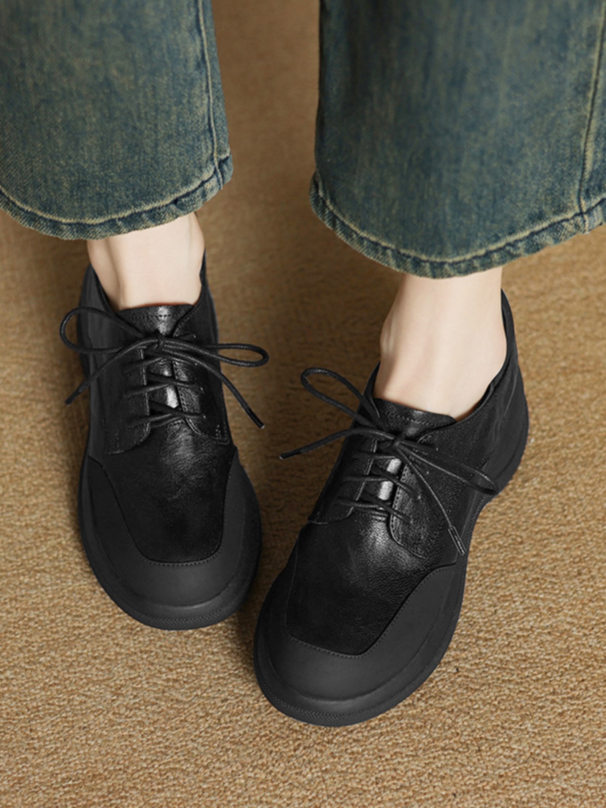 Thick-Soled Genuine Leather Lace-Up Loafers for Women - British Style Chunky Heel Height-Increasing Wedge Shoes Thick-Soled Genuine Leather Lace-Up Loafers for Women - British Style Chunky Heel Height-Increasing Wedge Shoes