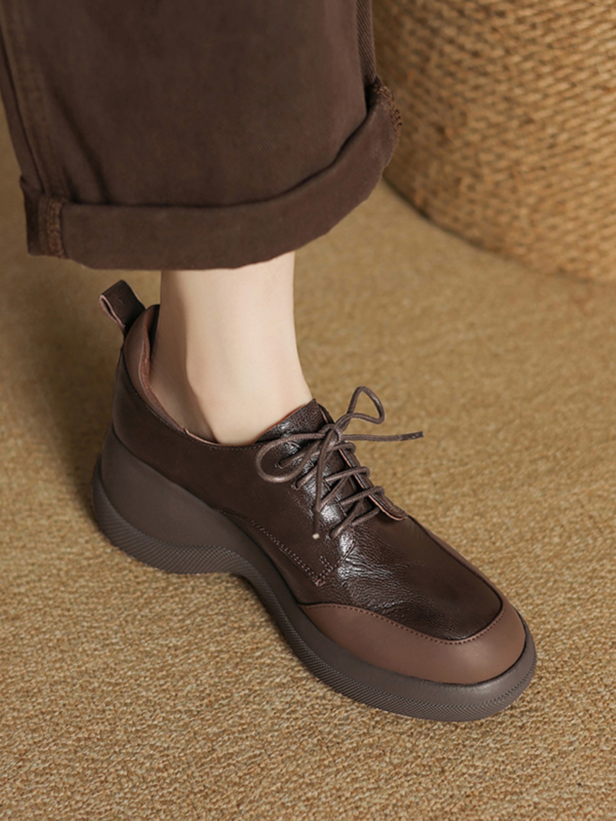 Thick-Soled Genuine Leather Lace-Up Loafers for Women - British Style Chunky Heel Height-Increasing Wedge Shoes Thick-Soled Genuine Leather Lace-Up Loafers for Women - British Style Chunky Heel Height-Increasing Wedge Shoes