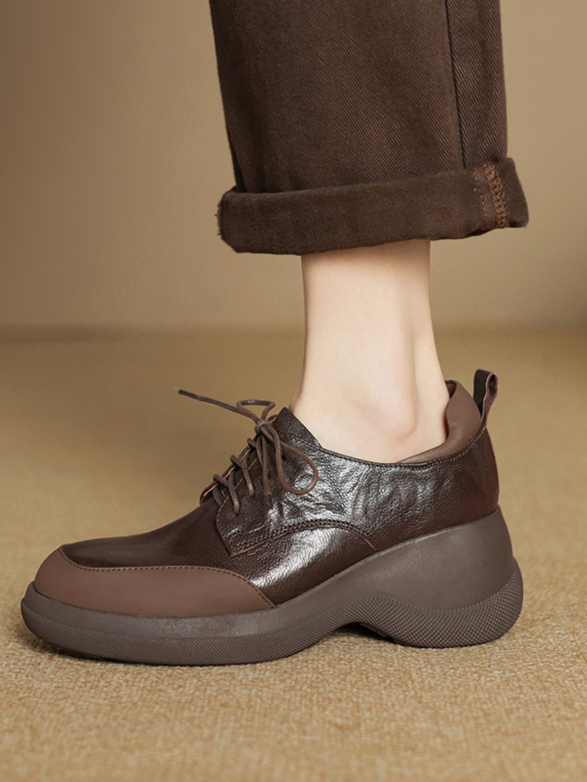 Thick-Soled Genuine Leather Lace-Up Loafers for Women - British Style Chunky Heel Height-Increasing Wedge Shoes Thick-Soled Genuine Leather Lace-Up Loafers for Women - British Style Chunky Heel Height-Increasing Wedge Shoes