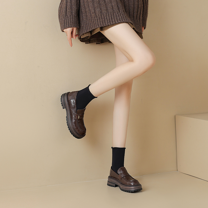 Thick-Soled Round-Toe British Style Sheepskin Loafers - Versatile Mid-Heel Casual Flats for Women Thick-Soled Round-Toe British Style Sheepskin Loafers - Versatile Mid-Heel Casual Flats for Women